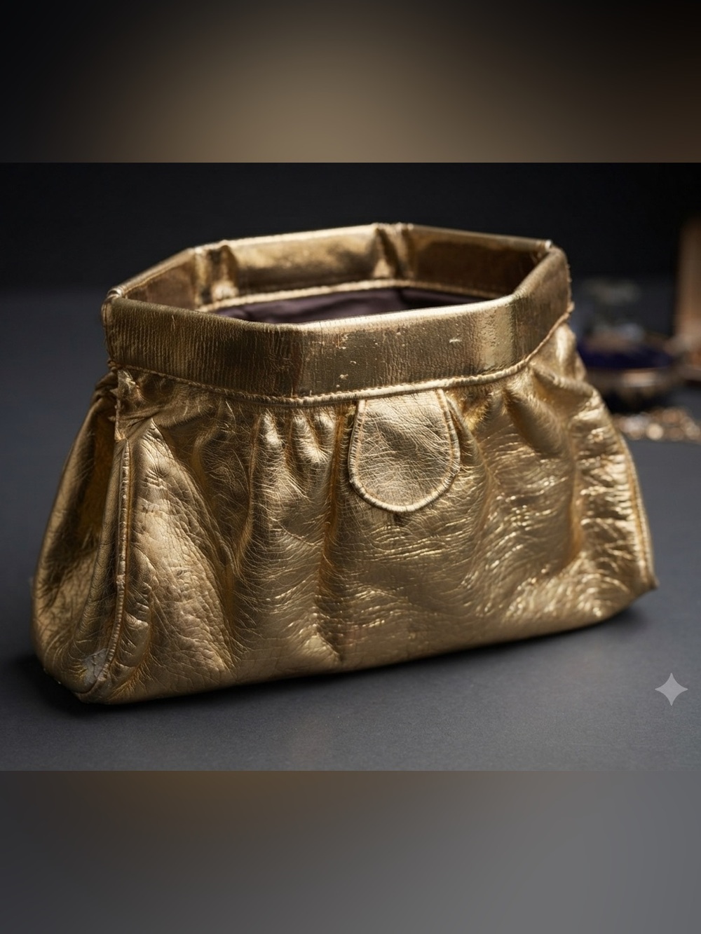 VTG Metallic Gold Clutch Handbag Retro Evening Bag Ruched Pouch Flap Snap Frame